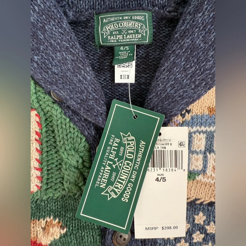 NWT! Ralph Lauren Patchwork Cotton-Blend Shawl Cardigan Boys size 4/5
